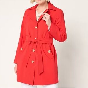 Dennis Basso Water Resistant Trench Coat With Belt Detachable Hood Red
